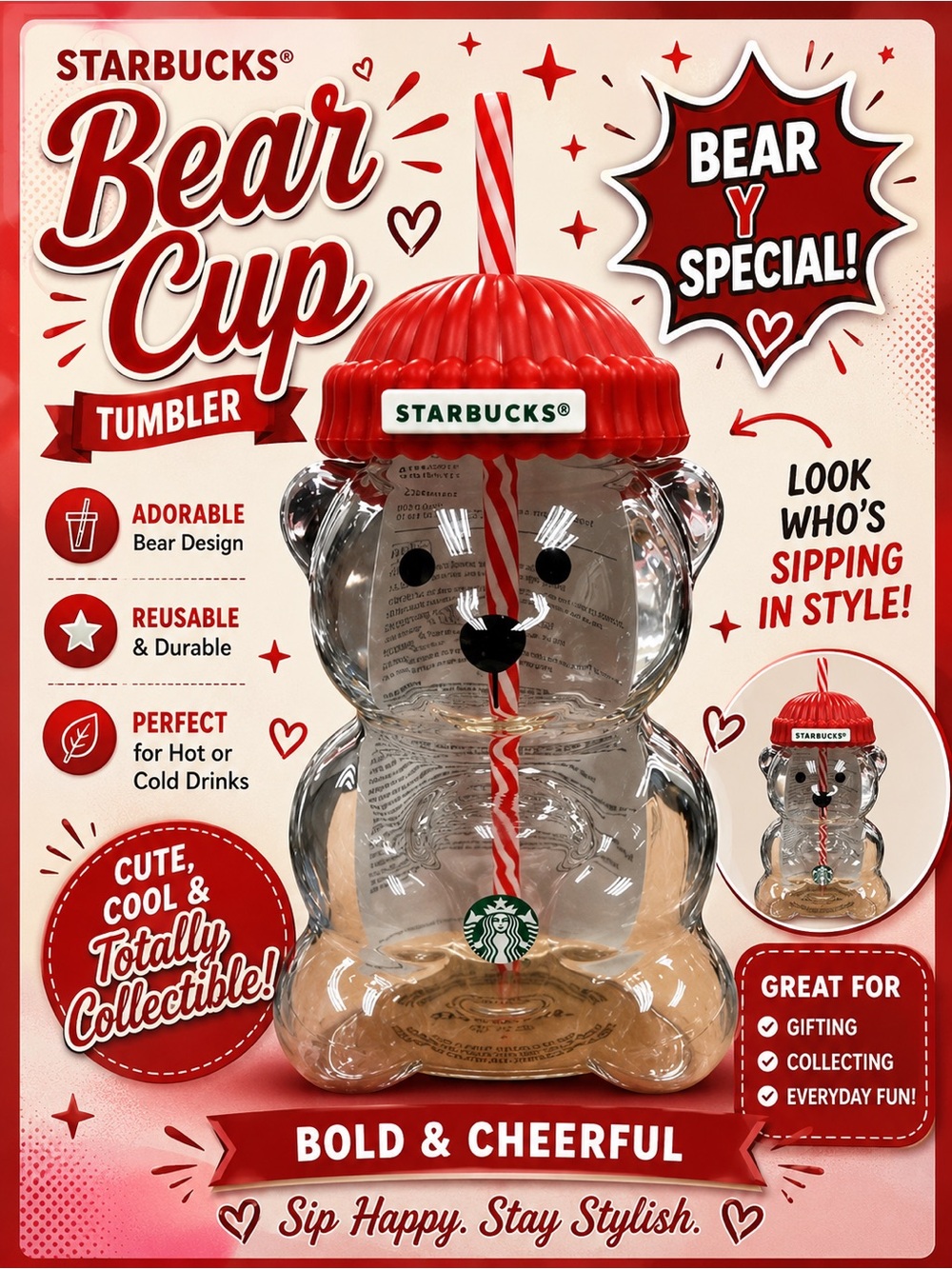 Starbucks Red Bear Cup Tumbler with Striped Straw